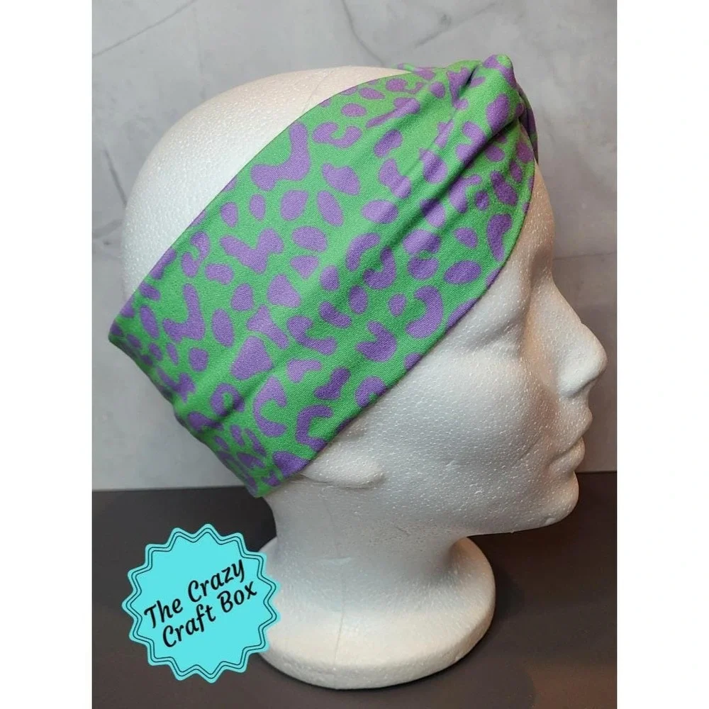 Green & Purple Leopard Print Knotted Headband, Retro Wide Twist Turban Headband